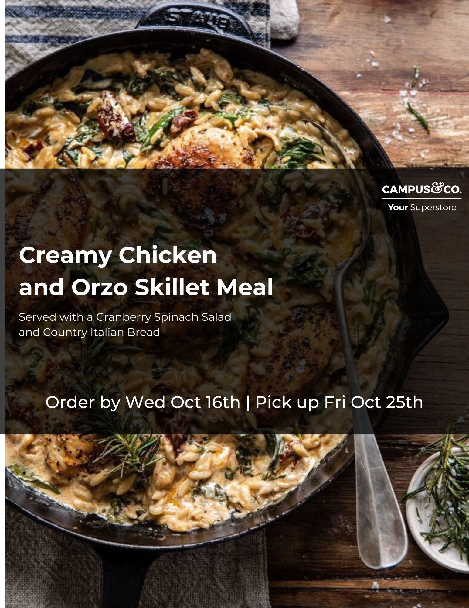 Creamy  Chicken and Orzo Skillet Meal 4 serving